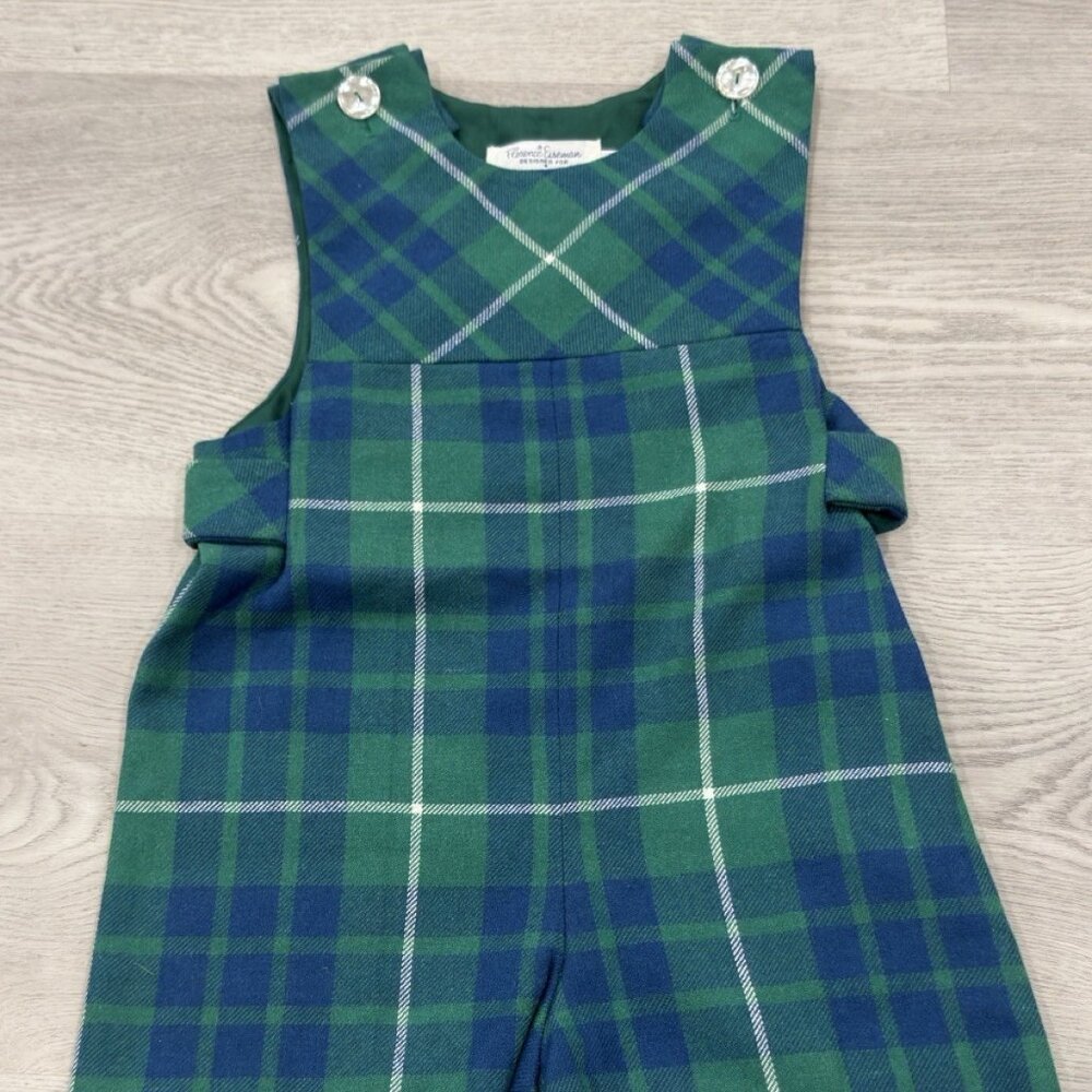 VTG Florence Eiseman Neiman Marcus Plaid Jon Jon Romper Green Blue Baby Size 4